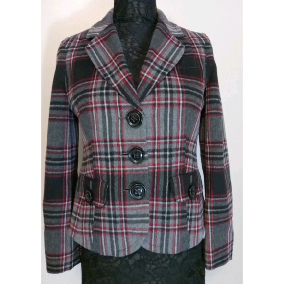 Talbots Petites Women Grey Red Black‎ Plaid Wool Blend Blazer Size 4p - Picture 1 of 9